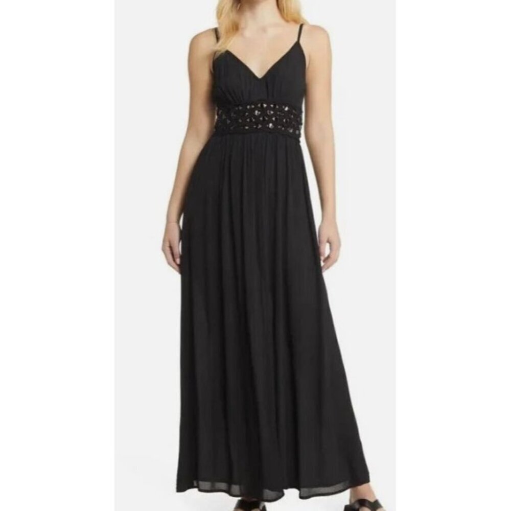Topshop Black Beaded Dress Crochet Babydoll Maxi Size 4 Y2K Party Festival Boho